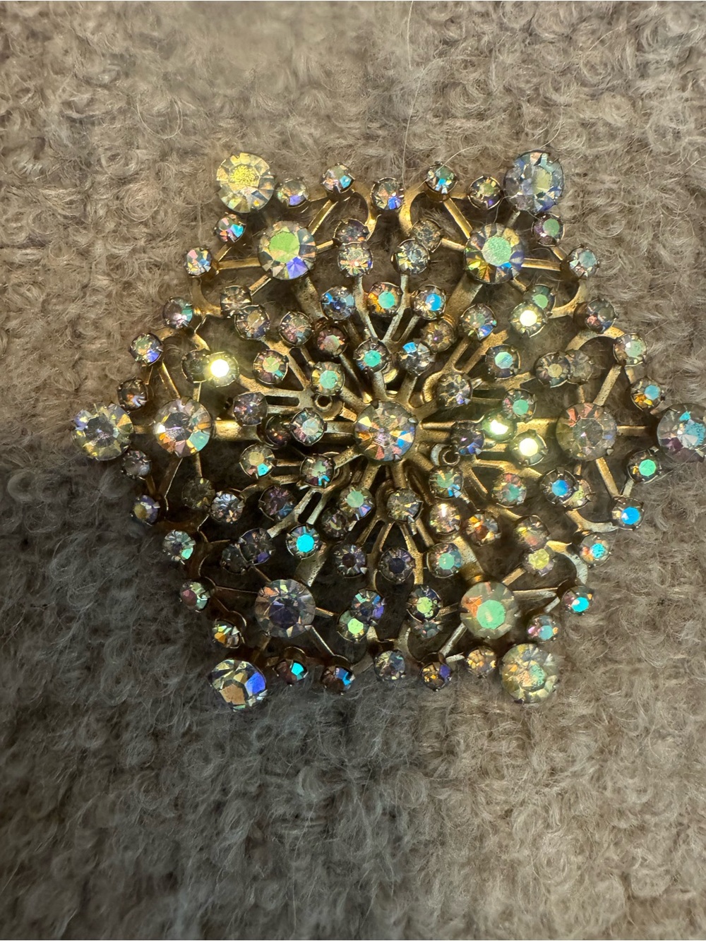 Vintage Aurora Borealis Rhinestone Snowflake Brooch - Gold Tone